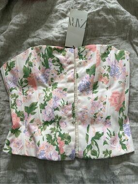 Zara Cream Strapless Corset Top with Pastel Floral Trim